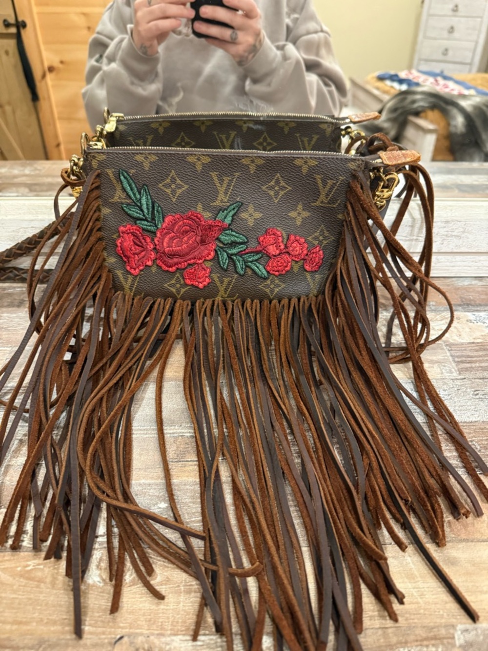 Louis Vuitton Fringe Crossbody Bag with Red Rose Embroidery - Brown - Picture 7 of 13